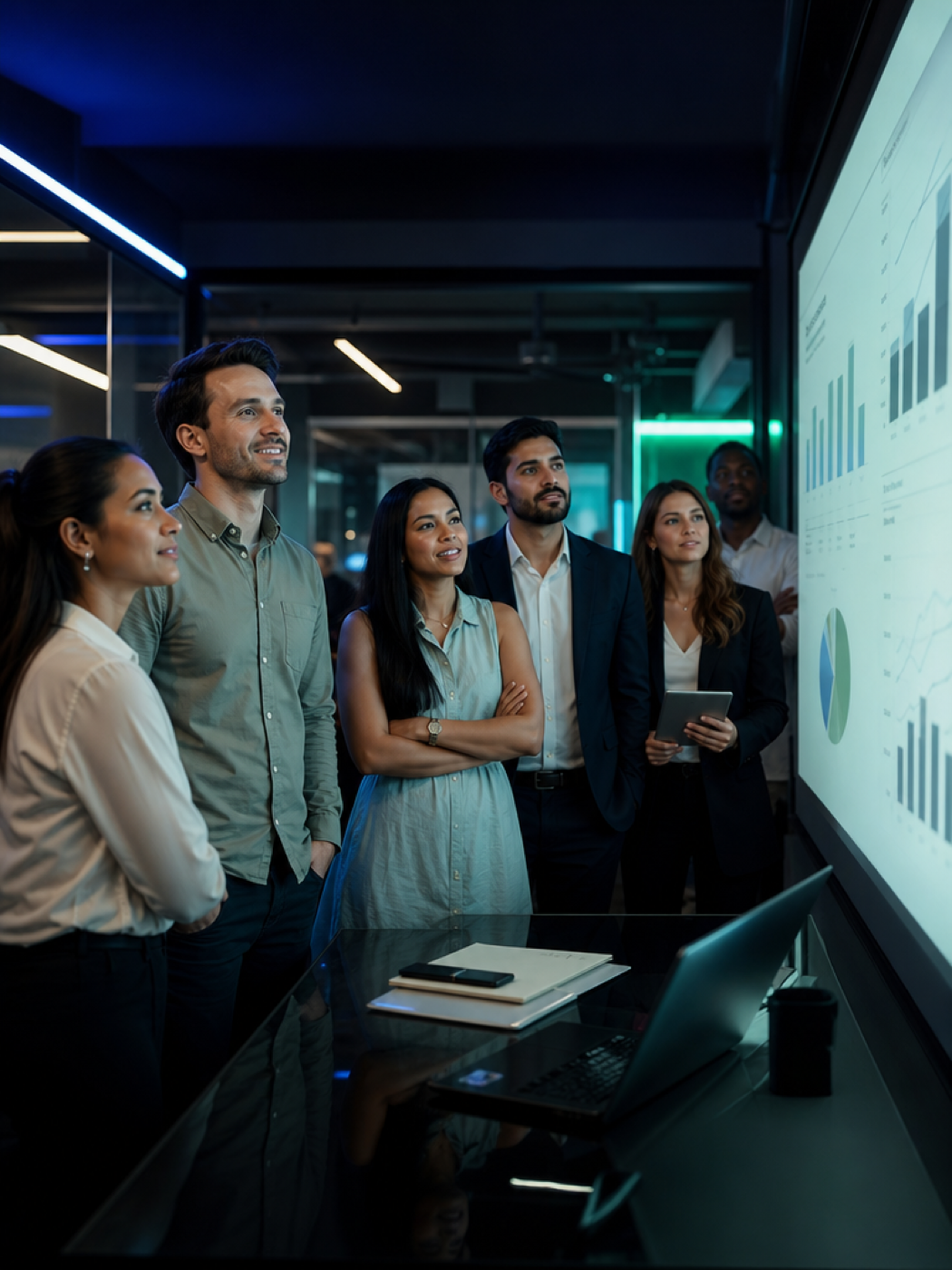 Equipe analisando indicadores em um ambiente de tecnologia